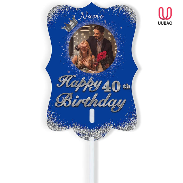 UUBAO Personalized Double Sided Happy Birthday Photo Prop Face Fan Customized Birthday Fun Supplies(Blue and Silver)