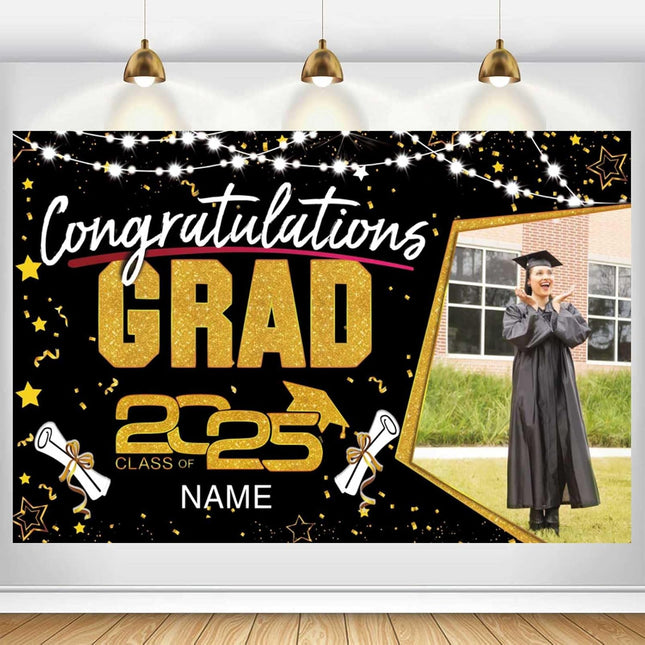 Custom Graduation Party Decorations Personalization Banner Class of 2025 Backdrop (Black and Gold)