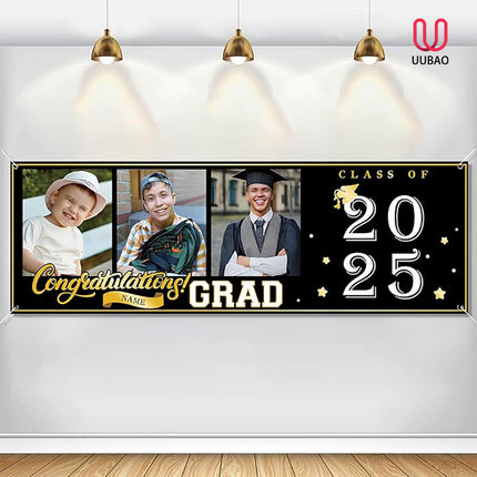 UUBAO Custom Graduation Party Decorations Personalization Banner Class of 2025 Backdrop (Black and Gold）