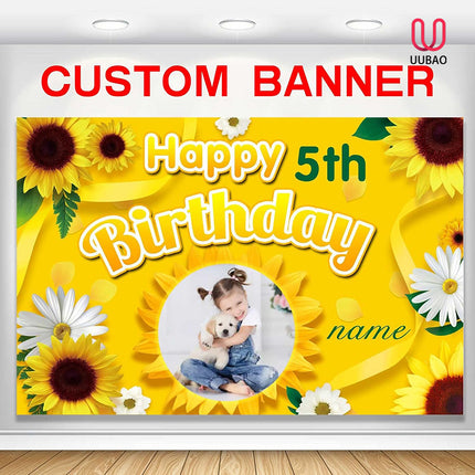 UUBAO Custom Sunflower Happy Birthday Party Decorations Supplies Personalized Backdrop Banner