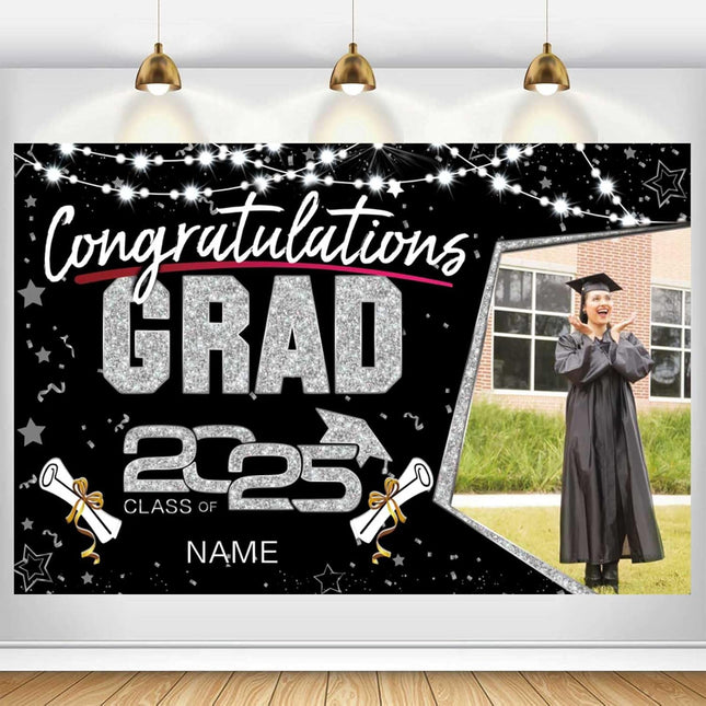 Custom Graduation Party Decorations Personalization Banner Class of 2025 Backdrop (Black and Sliver)