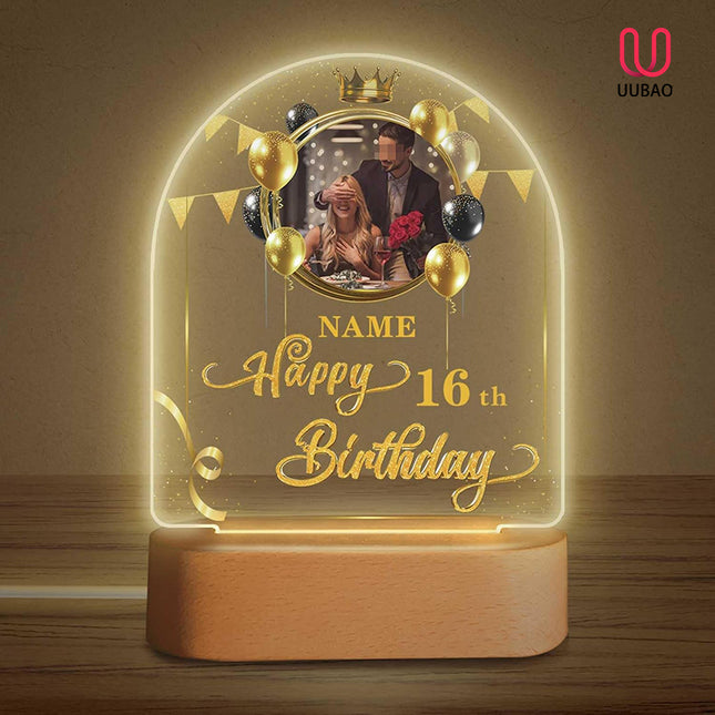 UUBAO Personalized Happy Birthday Night Light Gift with Photo Customized Acrylic Lamp for Her Mom Daughter Grandma Nana(Black and Gold)