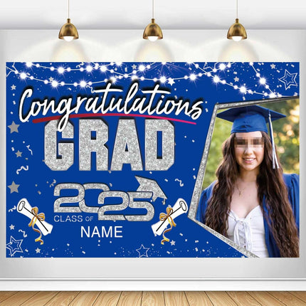 Custom Graduation Party Decorations Personalization Banner Class of 2025 Backdrop (Blue and Silver)