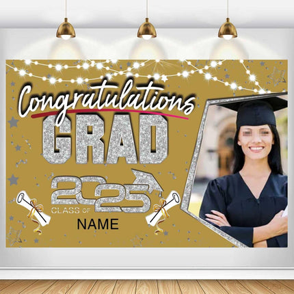 Custom Graduation Party Decorations Personalization Banner Class of 2025 Backdrop (Champagne and Silver）