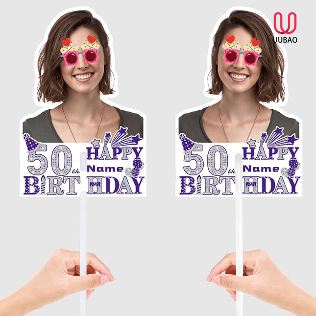 UUBAO Custom Happy Birthday Face Cutout Fans Personalized Photo Prop Signs for Birthday Party(Purple and Silver）