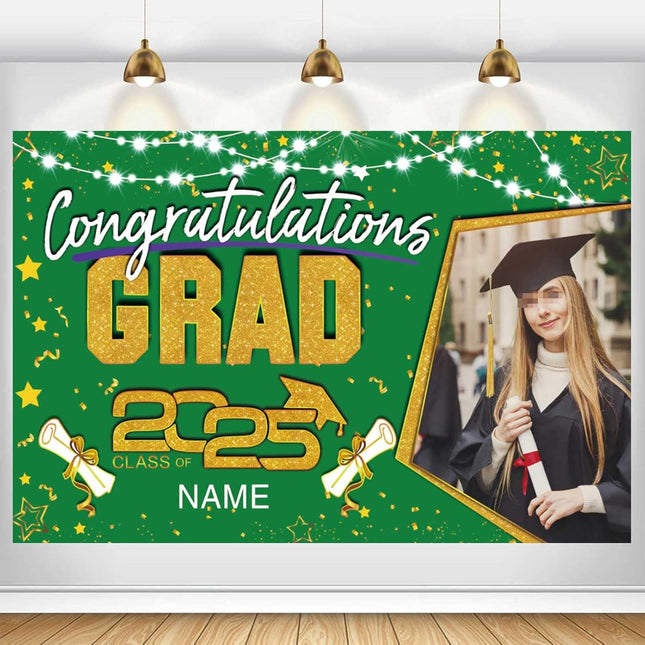 Custom Graduation Party Decorations Personalization Banner Class of 2025 Backdrop (Dark Green and Gold)