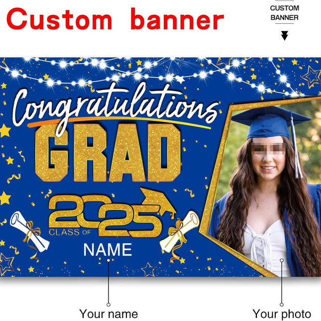 Custom Graduation Party Decorations Personalization Banner Class of 2025 Backdrop (Blue and Gold)