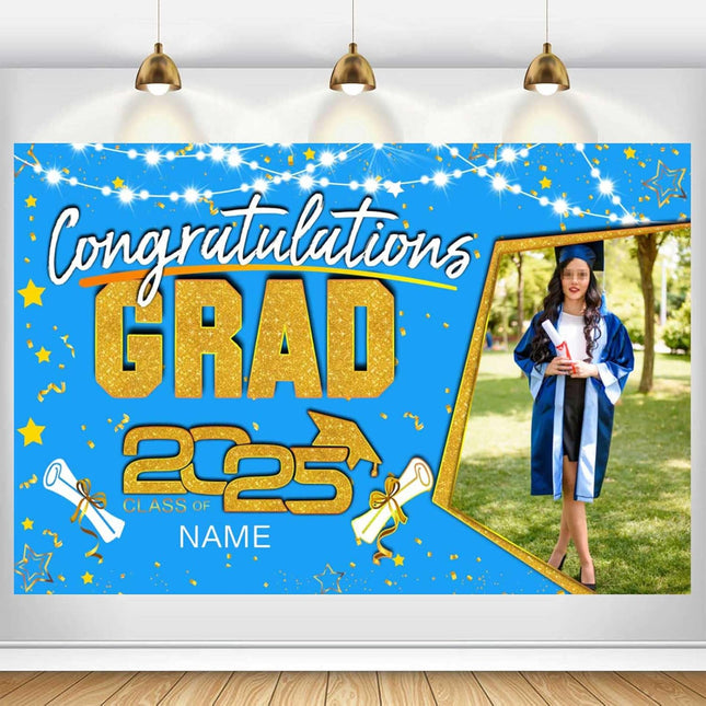 Custom Graduation Party Decorations Personalization Banner Class of 2025 Backdrop (Sky Blue and Gold)