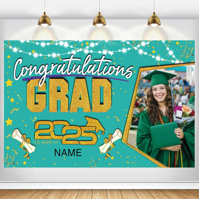 Custom Graduation Party Decorations Personalization Banner Class of 2025 Backdrop (Peacock Blue and Gold)