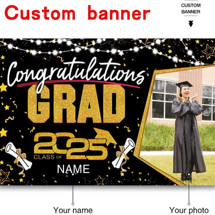 Custom Graduation Party Decorations Personalization Banner Class of 2025 Backdrop (Black and Gold)