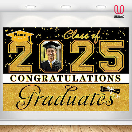 UUBAO Custom Graduation Party Decorations Personalization Banner Class of 2025 Backdrop (Black and Gold)
