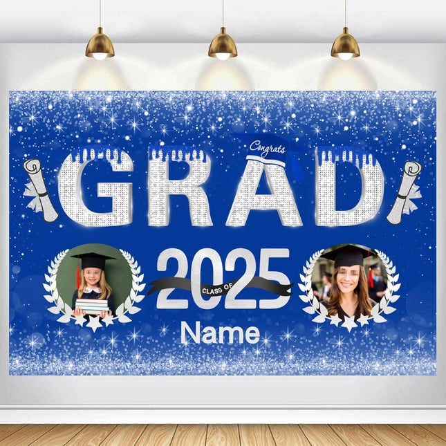 Custom Graduation Party Decorations Personalization Banner Class of 2025 Backdrop (Blue and Silver)