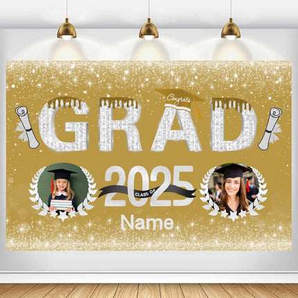 Custom Graduation Party Decorations Personalization Banner Class of 2025 Backdrop (Champagne and Silver）