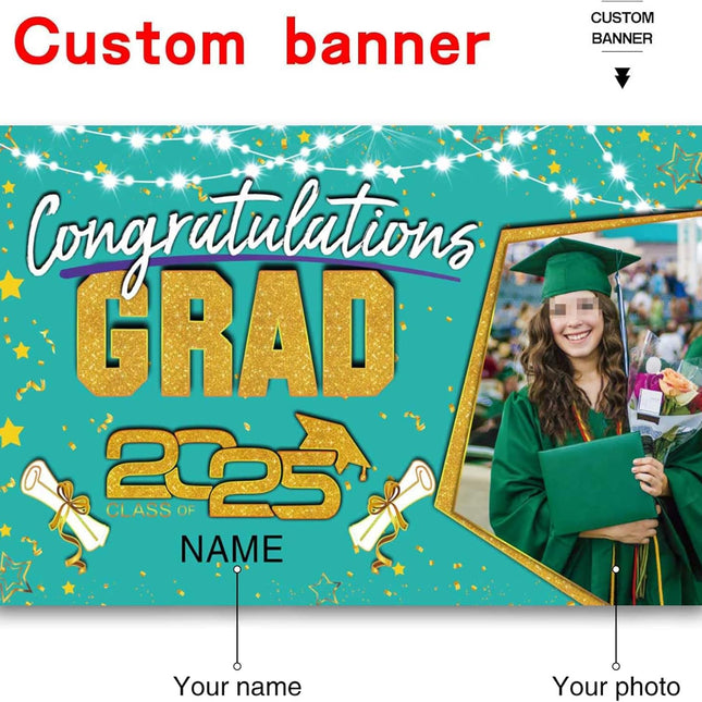 Custom Graduation Party Decorations Personalization Banner Class of 2025 Backdrop (Peacock Blue and Gold)