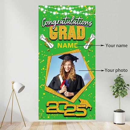 UUBAO Custom Graduation Party Decorations Personalization Banner Class of 2025 Backdrop Door Cover (Light Green and Gold)