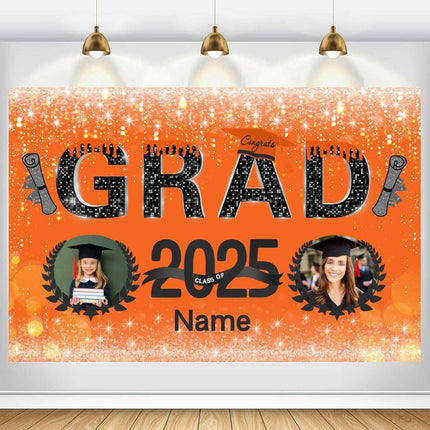 Custom Graduation Party Decorations Personalization Banner Class of 2025 Backdrop (Orange and Black)