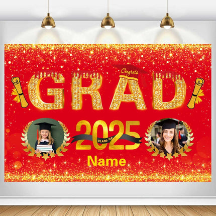 Custom Graduation Party Decorations Personalization Banner Class of 2025 Backdrop (Red and Gold)