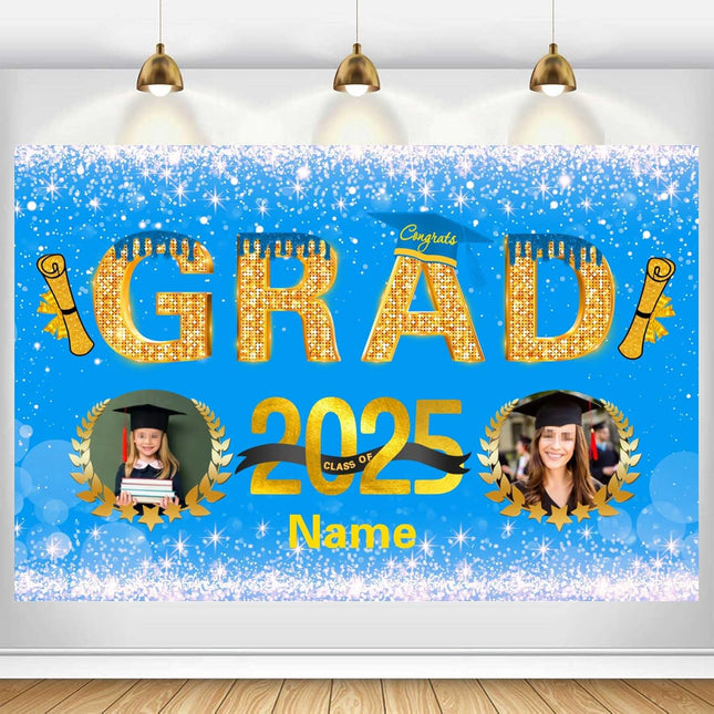 Custom Graduation Party Decorations Personalization Banner Class of 2025 Backdrop (Sky Blue and Gold)