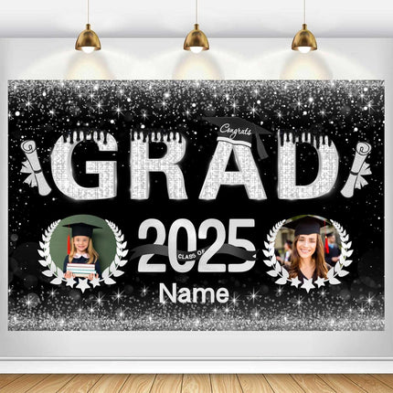 Custom Graduation Party Decorations Personalization Banner Class of 2025 Backdrop (Black and Sliver)