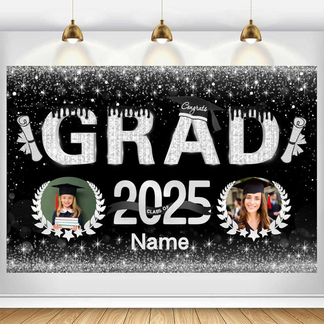 Custom Graduation Party Decorations Personalization Banner Class of 2025 Backdrop (Black and Sliver)