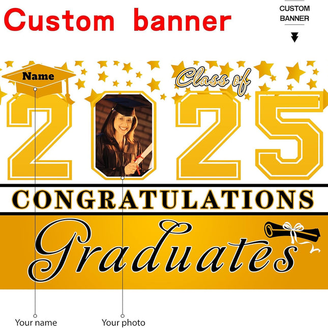 Custom Graduation Party Decorations Personalization Banner Class of 2025 Backdrop (Yellow and White)