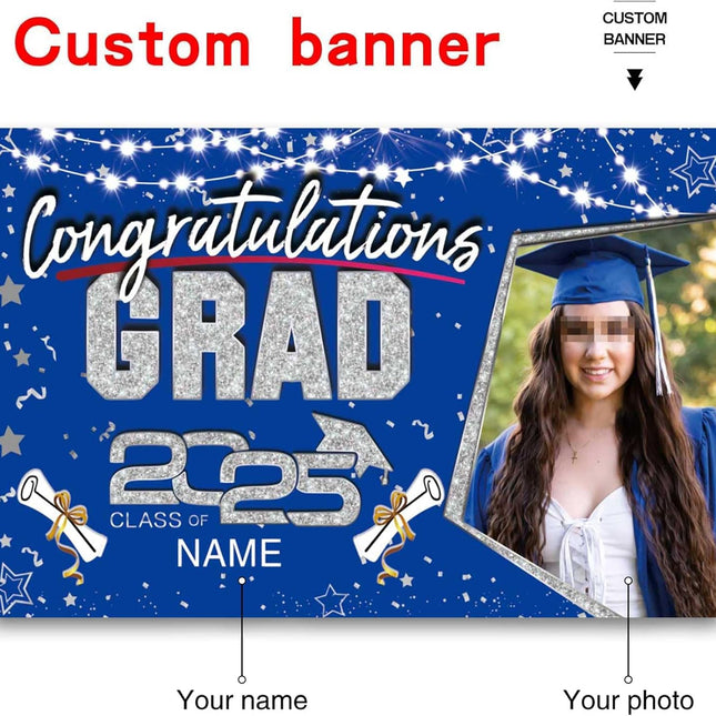 Custom Graduation Party Decorations Personalization Banner Class of 2025 Backdrop (Blue and Silver)