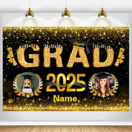 Custom Graduation Party Decorations Personalization Banner Class of 2025 Backdrop (Black and Gold)