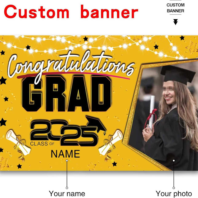 Custom Graduation Party Decorations Personalization Banner Class of 2025 Backdrop (Yellow and Black)