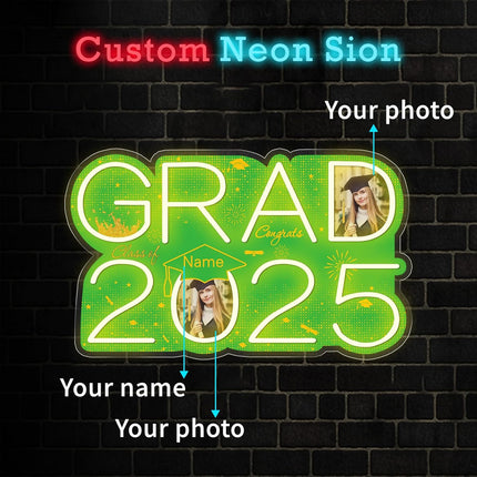 UUBAO Personalized Graduation Gift Neon Signs Congrats Grad LED Light Signs with Photo 2025 Party Backdrop Light Sign Decor (Light Green)