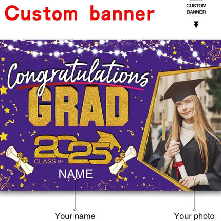 Custom Graduation Party Decorations Personalization Banner Class of 2025 Backdrop (Purple and Gold)