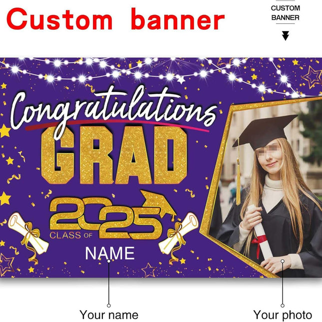 Custom Graduation Party Decorations Personalization Banner Class of 2025 Backdrop (Purple and Gold)