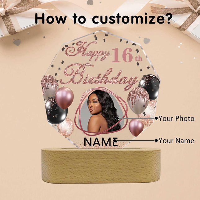 UUBAO Personalized Happy Birthday Night Light Gift with Photo Customized Acrylic Lamp for Her Mom Daughter Grandma Nana(Rose Gold Pink)