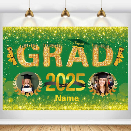 Custom Graduation Party Decorations Personalization Banner Class of 2025 Backdrop (Dark Green and Gold)