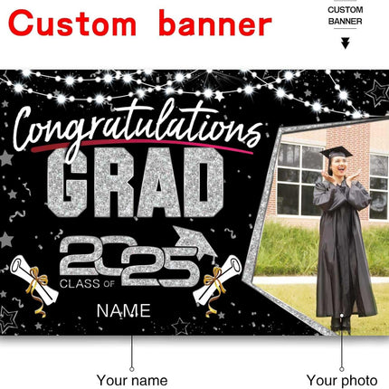 Custom Graduation Party Decorations Personalization Banner Class of 2025 Backdrop (Black and Sliver)