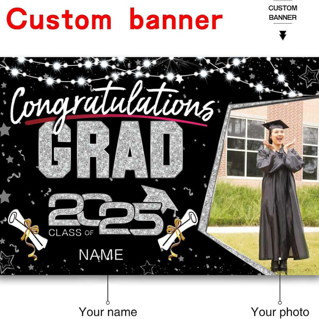 Custom Graduation Party Decorations Personalization Banner Class of 2025 Backdrop (Black and Sliver)