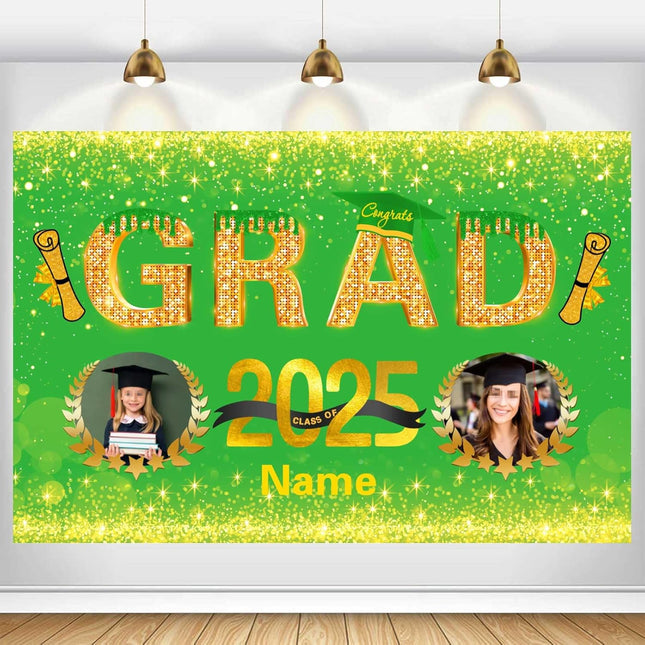 Custom Graduation Party Decorations Personalization Banner Class of 2025 Backdrop (Light Green and Gold)