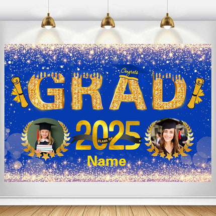 Custom Graduation Party Decorations Personalization Banner Class of 2025 Backdrop (Blue and Gold)