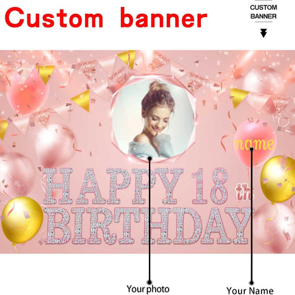 UUBAO Custom Birthday Banner for Party Personalized Backdrop Decoration with Name and Photo(Pink)