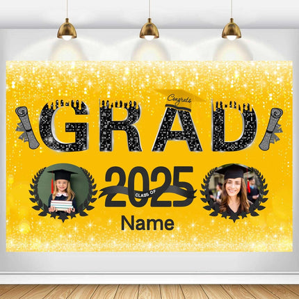 Custom Graduation Party Decorations Personalization Banner Class of 2025 Backdrop (Yellow and Black)