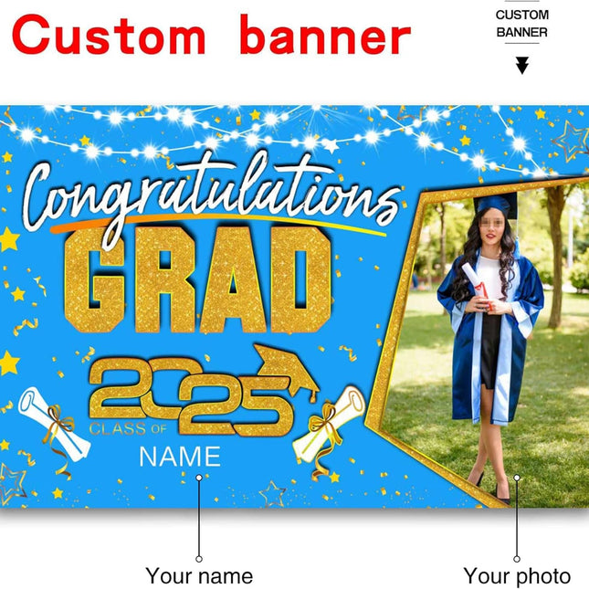 Custom Graduation Party Decorations Personalization Banner Class of 2025 Backdrop (Sky Blue and Gold)