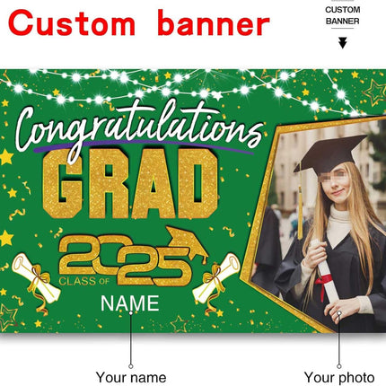 Custom Graduation Party Decorations Personalization Banner Class of 2025 Backdrop (Dark Green and Gold)