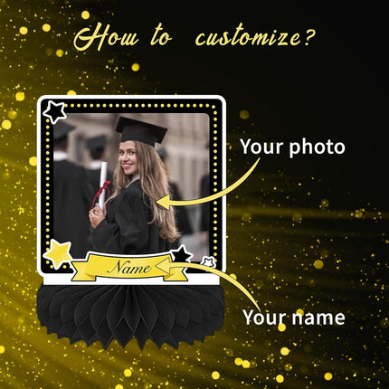 UUBAO 9 PCS Custom Graduation Party Honeycomb Centerpieces Class of 2025 Congrats Grad Decorations Congratulate Graduation Table Toppers for Graduation Party Favor Supplies (Yellow)