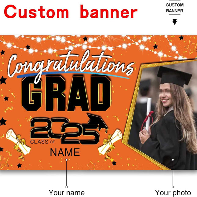 Custom Graduation Party Decorations Personalization Banner Class of 2025 Backdrop (Orange and Black)