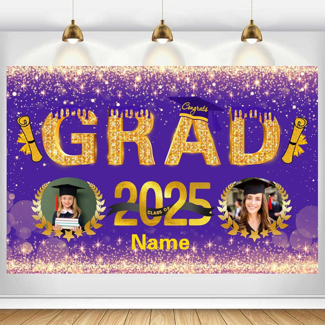 Custom Graduation Party Decorations Personalization Banner Class of 2025 Backdrop (Purple and Gold)