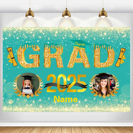 Custom Graduation Party Decorations Personalization Banner Class of 2025 Backdrop (Peacock Blue and Gold)