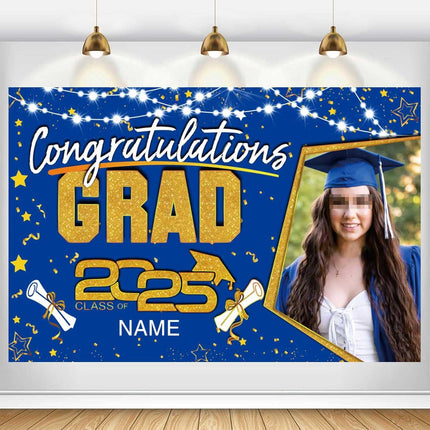 Custom Graduation Party Decorations Personalization Banner Class of 2025 Backdrop (Blue and Gold)