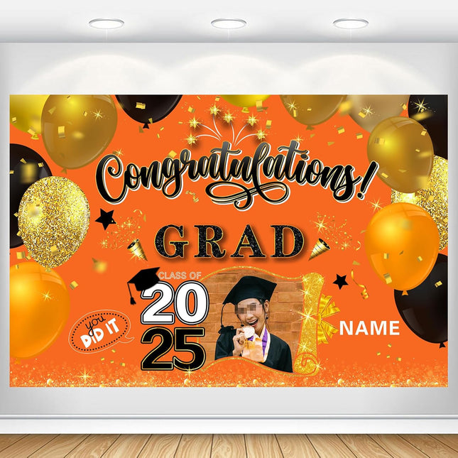 Custom Graduation Party Decorations Personalization Banner Class of 2025 Backdrop (Orange and Black)