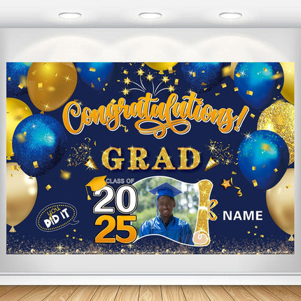 Custom Graduation Party Decorations Personalization Banner Class of 2025 Backdrop (Blue and Gold)