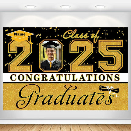 Custom Graduation Party Decorations Personalization Banner Class of 2025 Backdrop (Black and Gold)