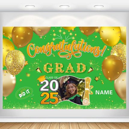 Custom Graduation Party Decorations Personalization Banner Class of 2025 Backdrop (Light Green and Gold)